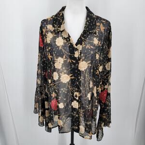 Dressbarn Blouse Womens 2X Sheer Black Floral Gold Glitter Polka Dots Boho
